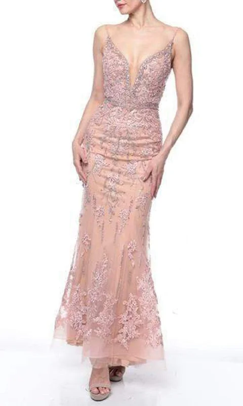 Terani Couture - Bedazzled Deep V-neck Trumpet Dress 1922GL0681 - 1 pc Rose Blush In Size 14 Available Striped unclassified dresses