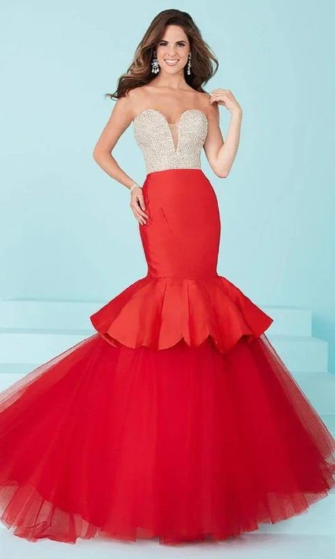 Tiffany Designs - Captivating Rhinestone and Crystal Beaded Deep Sweetheart Mermaid Dress 16217 - 1 pc Champagne/Red In Size 4 Available Sequin unclassified dresses