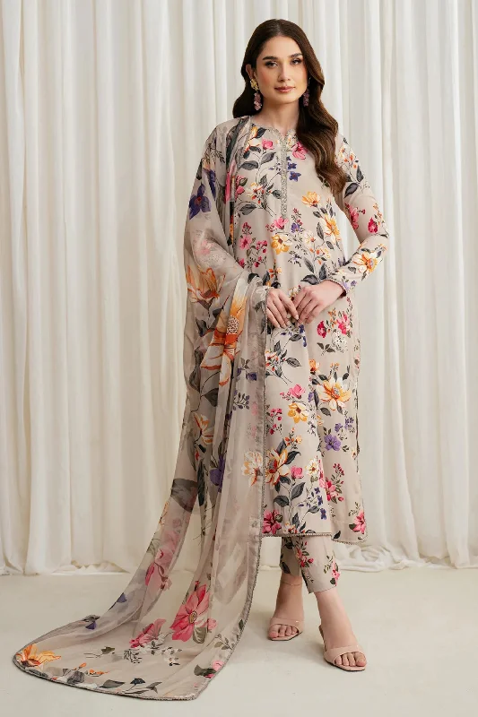 Beige Floral Printed Silk Suit Tiered floral dresses