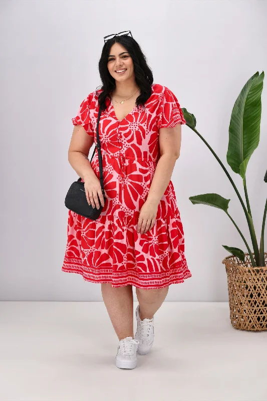 Boho Australia Cerise Dress Red Print Velvet floral dresses