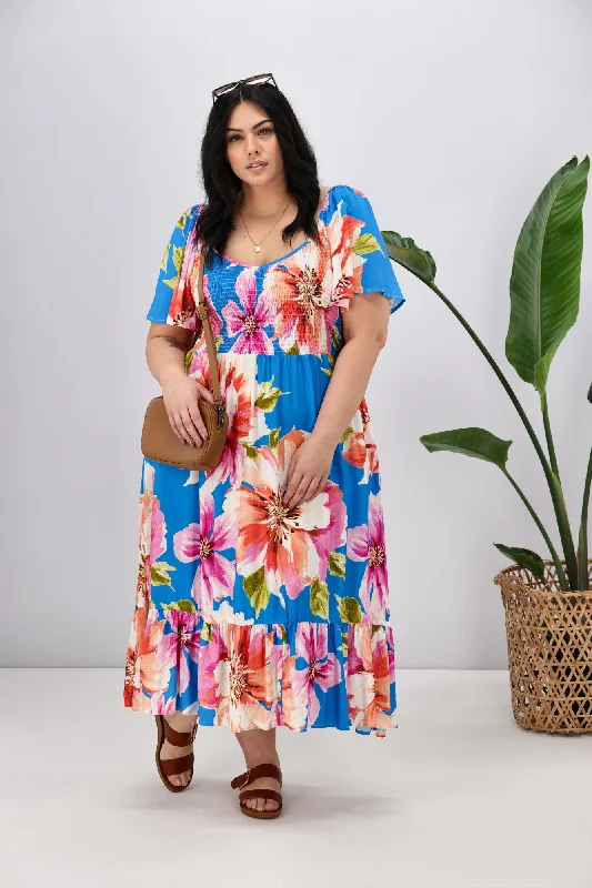 Boho Australia Ela Shirred Dress Blue Floral High-end floral dresses