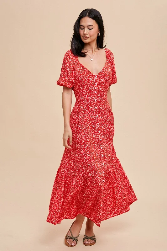 Cherry Red Floral Sweetheart Button Down Dress Formal floral dresses