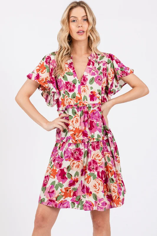 Cream Floral Ruffle Tiered V-Neck Dress Vacation floral dresses