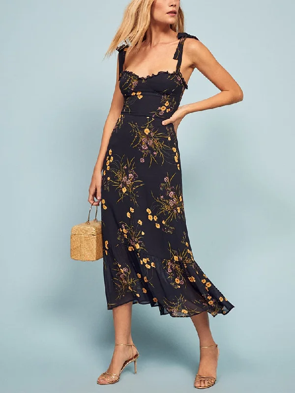 Amy Fashion - Elegant Vintage Floral Neck Sleeveless Strap Dress Petite floral dresses