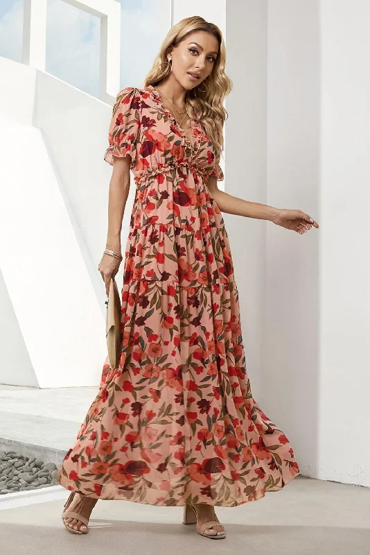 Floral V-Neck Short Flounce Sleeve Dress Romantic floral dresses