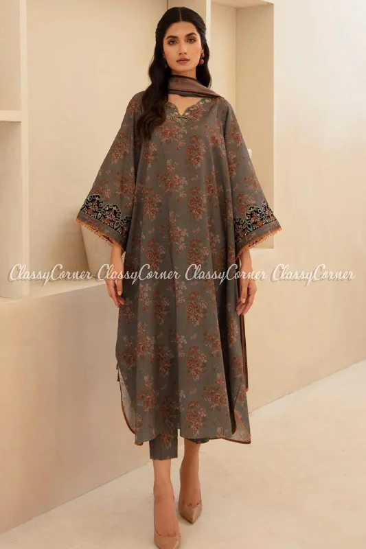 Grey Orange Printed Viscose Khaddar Formal Wear Suit Halter floral dresses