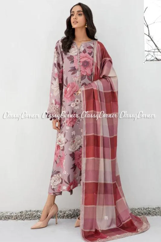 Grey Pink Floral Printed Viscose 3PC Salwar Kameez Best floral dresses for outdoor weddings