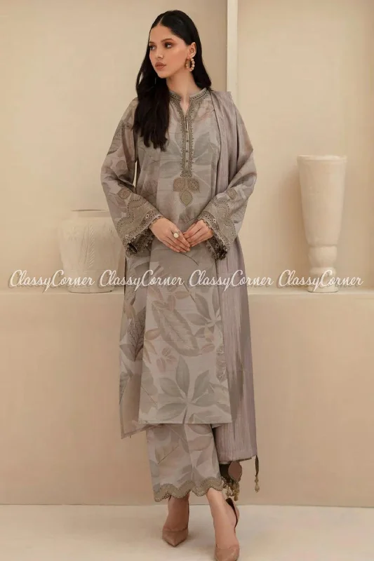 Grey Printed Viscose Khaddar Formal Wear Salwar Kameez Wrap floral dresses