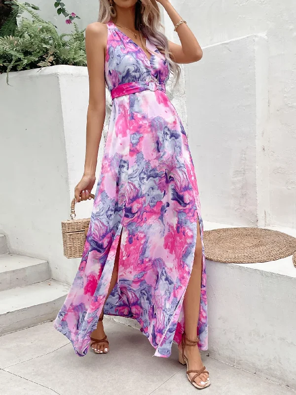 Honey Printed Open Back Slit Sleeveless Dress Stretchy floral dresses