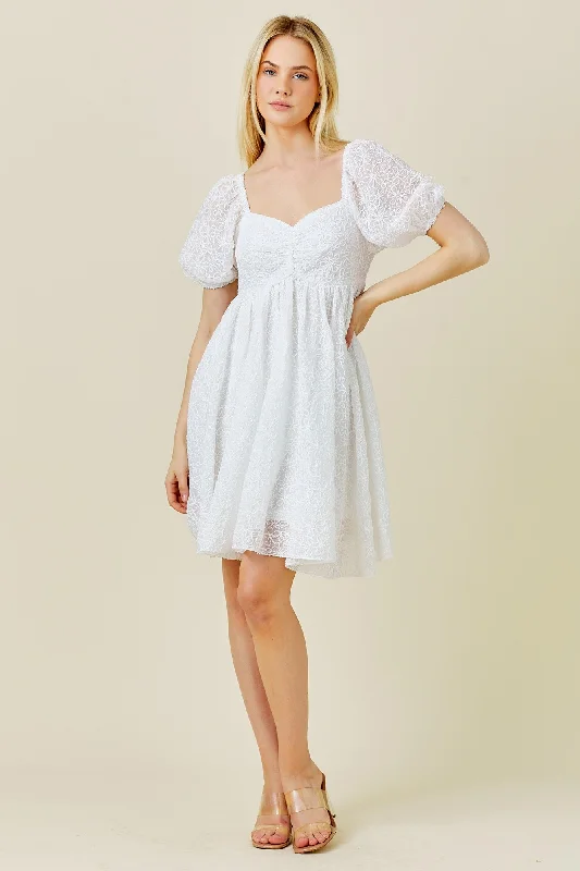 Ivory Floral Textured Puff Sleeve Dress Beach floral dresses