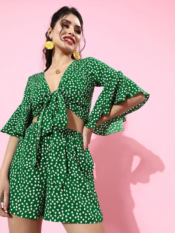 Berrylush Women Green Polka Dot Printed V-Neck Tie-Up Jumpsuit Party floral dresses