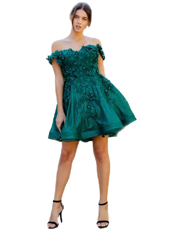 Hunter Green 3D Floral Applique Corset Off Shoulder Short Dress for Women, Sizes XS-3XL Satin floral dresses