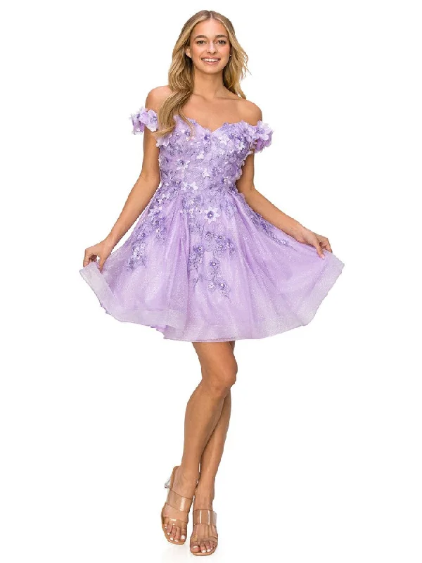 Lilac 3D Floral Applique Corset Off Shoulder Short Dress for Women, Sizes XS-3XL Mini floral dresses