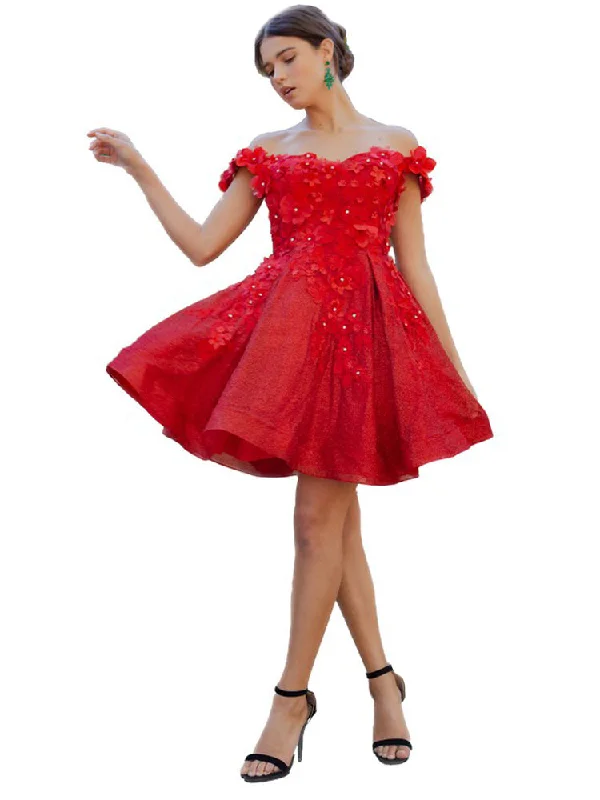 Red 3D Floral Applique Corset Off Shoulder Short Dress for Women, Sizes XS-3XL Long floral dresses