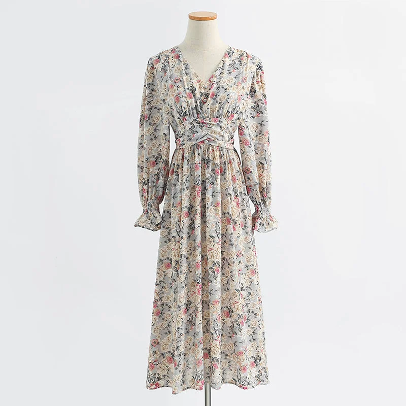 Long sleeve floral dress long fairy French Vintage Chiffon  2430 Preppy floral dresses