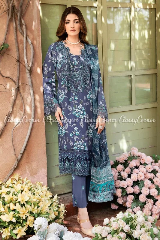 Navy Blue Printed Viscose Embroidered Formal Salwar Kameez Cute floral print summer dresses