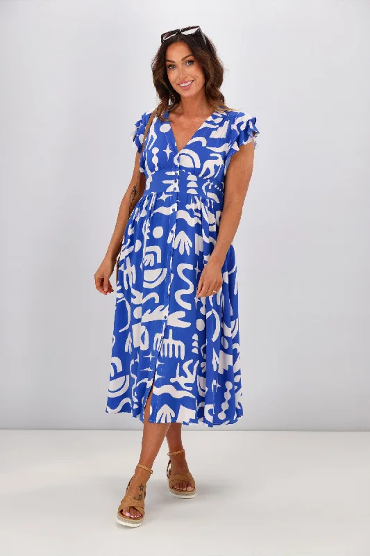 New U Collection Carmen V Neck Dress Blue Print Halter floral dresses