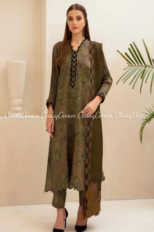 Olive Green Printed Viscose Formal Wear Salwar Kameez Knitted floral dresses