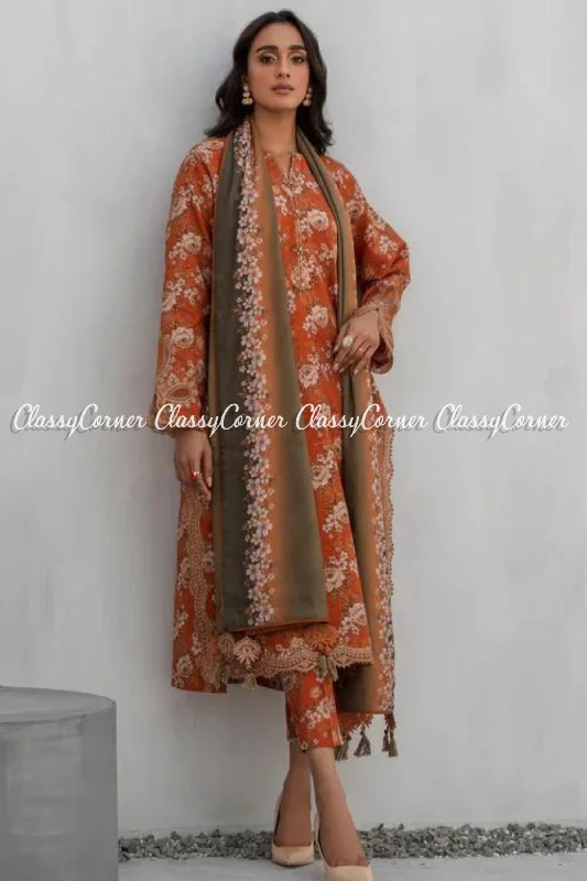 Orange Printed Viscose Slub Khaddar Salwar Kameez Graduation floral dresses