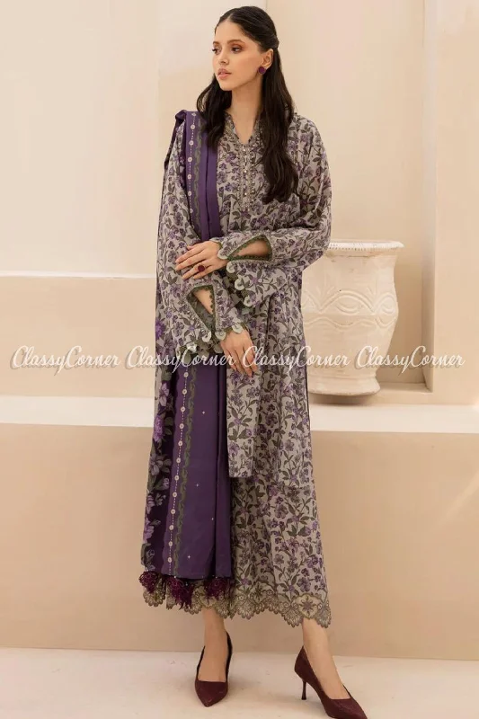 Pakistani Purple Grey Printed Viscose Salwar Kameez H&M floral dresses