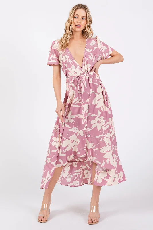 Pink Floral V Neck High Low Dress Preppy floral dresses