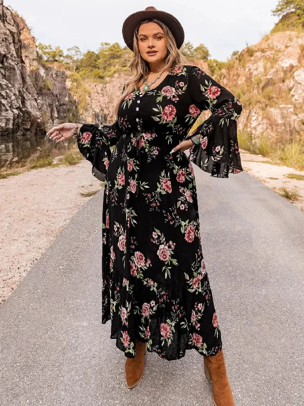 Plus Size Floral Flare Sleeve Dress Outdoor floral dresses