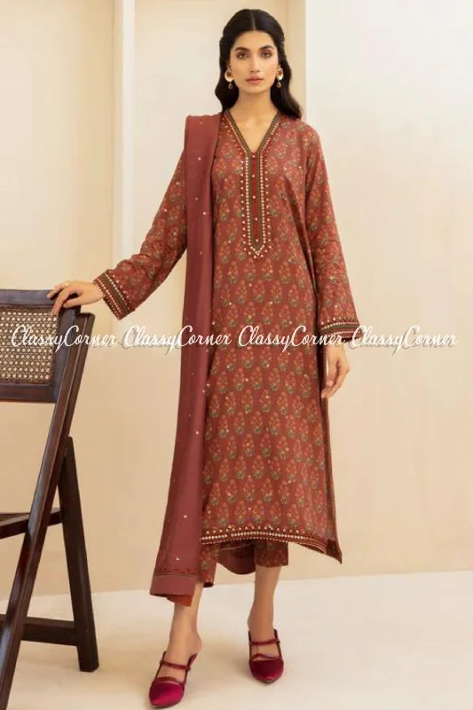 Rust Brown Digital Printed Viscose Salwar Kameez Designer floral dresses