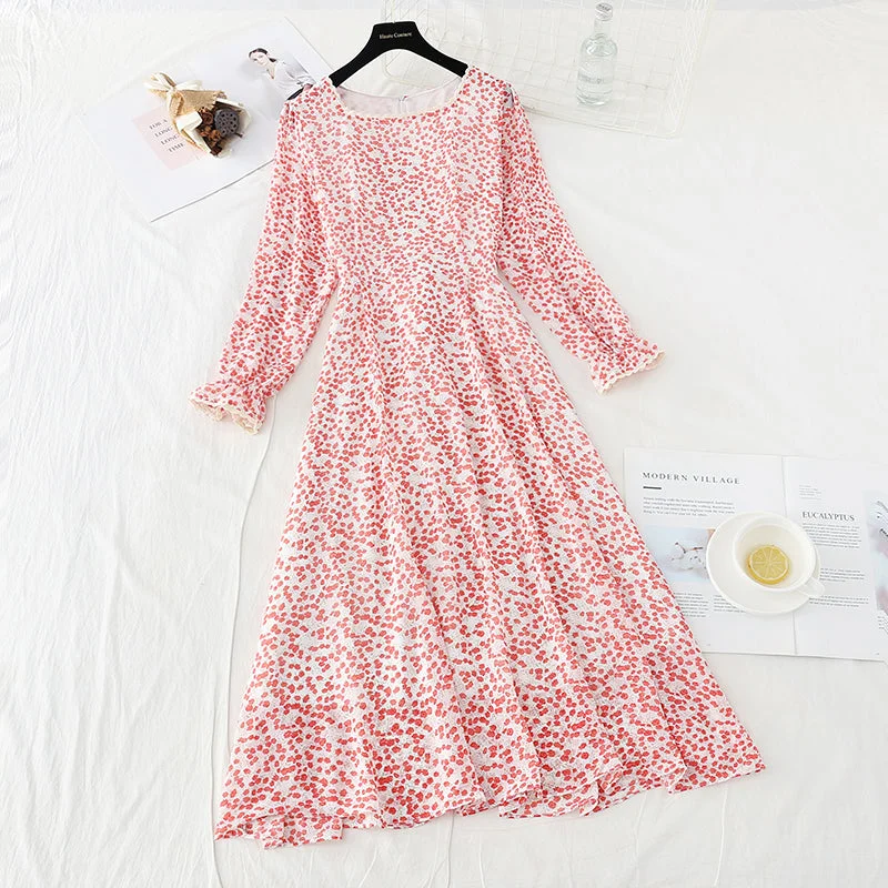 Small fresh long sleeve square neck thin Floral Chiffon Dress  2419 Flattering floral dresses for all body types