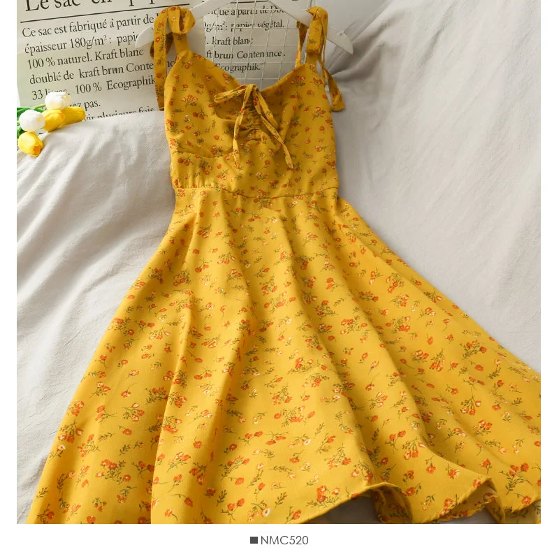 Sweet floral V-neck suspender dress drawstring pleated slim fit  2699 Discounted floral dresses