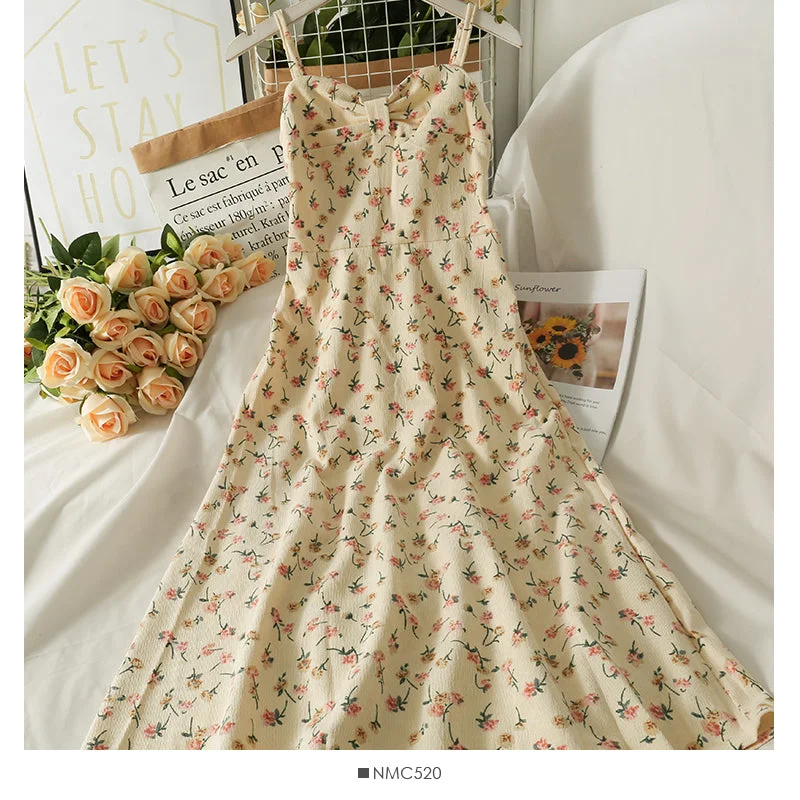 Sweet wind printed pleated high waist thin medium length dress  2707 Corset floral dresses