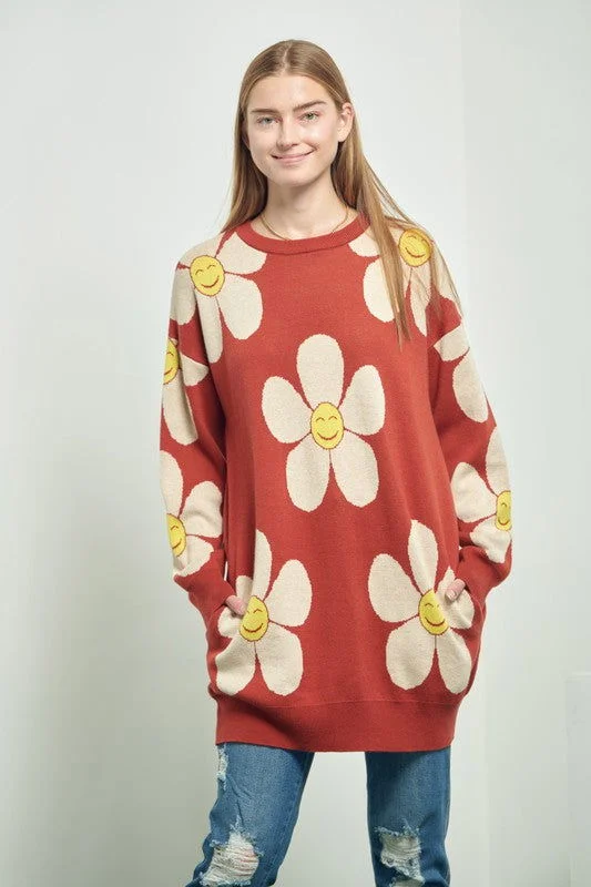 Happy Face Floral Print Knit Sweater Petite floral dresses