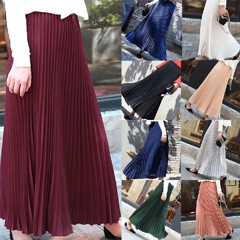 Long Pleated Skirt Solid Elegant Midi Elastic Waist Flowing Maxi Skirt