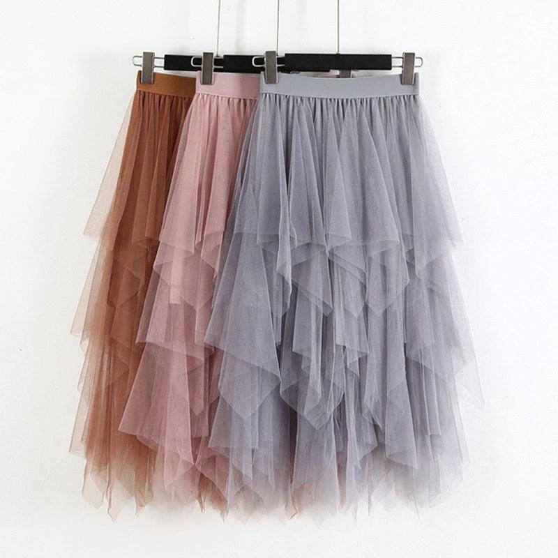 Elastic High Waist Long Tulle Irregular Hem Mesh Tutu Skirt Silk Maxi Skirt