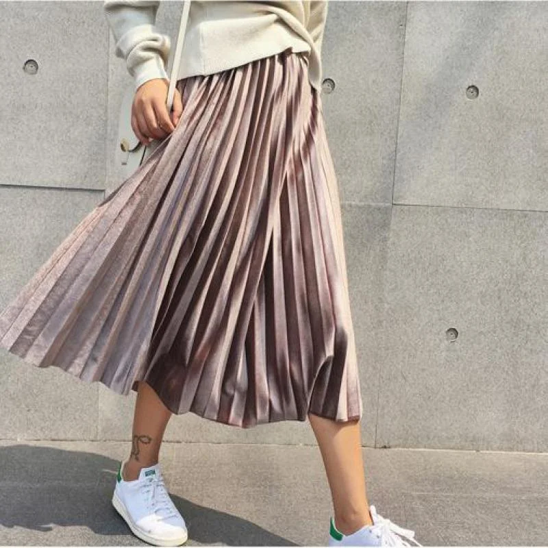 Long Metallic Silver Maxi Pleated High Waist Skirt Bold Maxi Skirt