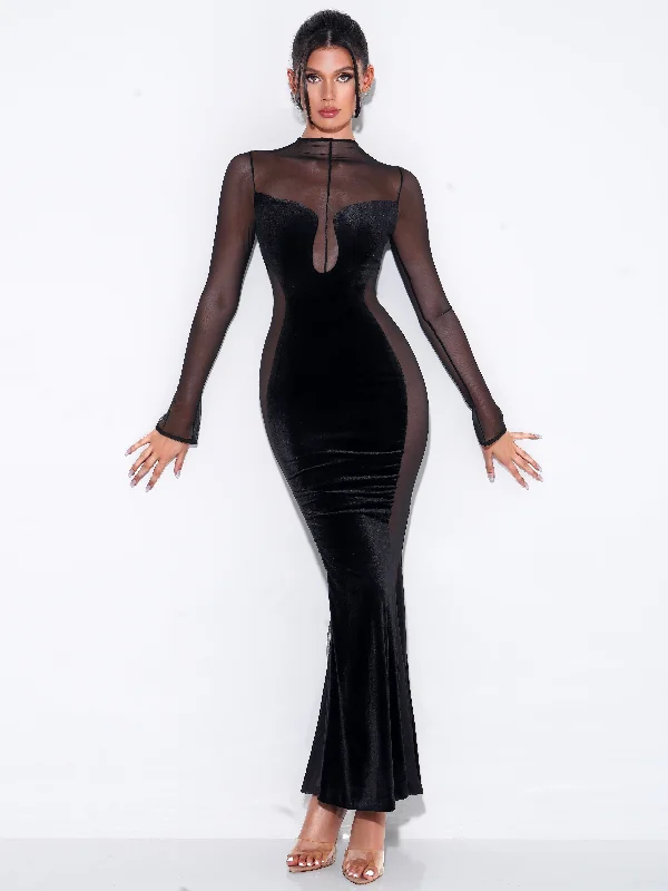 Paislee Black Velvet Mesh Long Sleeve Gown Soft Pleated Maxi