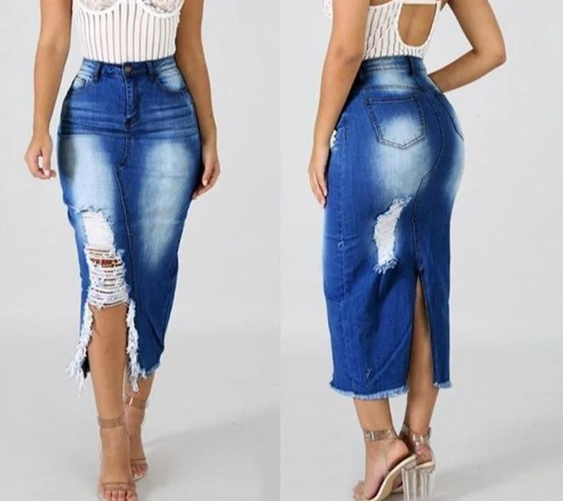 Denim High Waist Ripped Hole Maxi Skirt Tartan Maxi Skirt