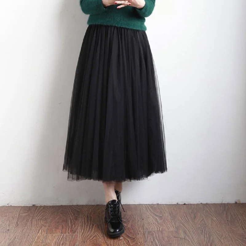 Pleated Tulle Mesh Elastic High Waist A Line Long Skirt Cotton Maxi Skirt