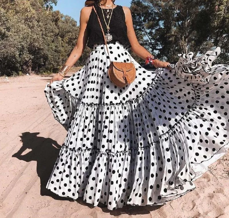 Polka Dot Maxi Skirt Layered High Waist Pleated Formal Maxi Skirt