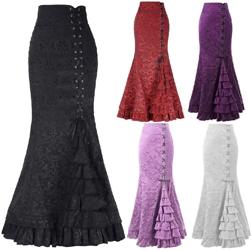 Women's Mermaid Long Ruffle Slim Fit Fishtail Lace Up Skirt Button-front Maxi Skirt