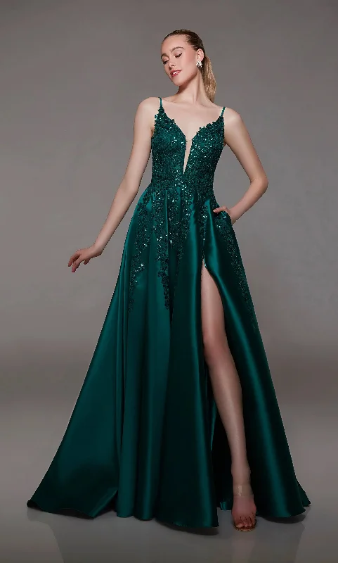 ALYCE Paris 1800 Pine Green Lace and Mikado A-Line Dress with Slit Lace Party Dress