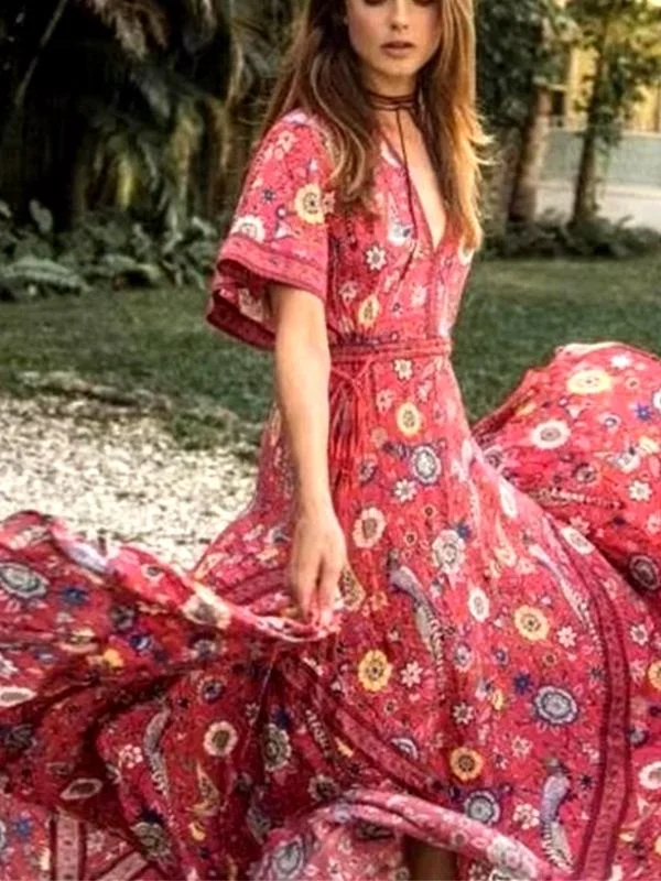 Bohemian Holiday Wind Dress Retro Peacock Print Lace Long Dress-1 Off-shoulder Lace Dress