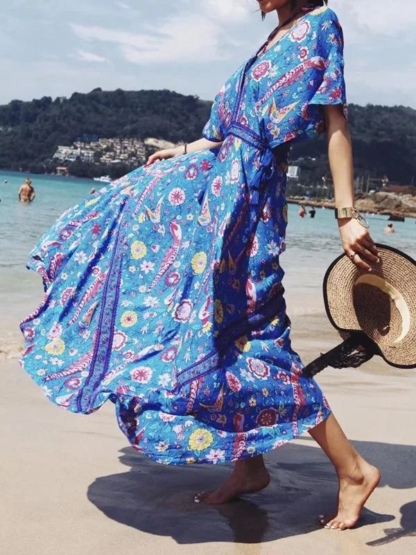 Bohemian Holiday Wind Dress Retro Peacock Print Lace Long Dress Lace Dress Set