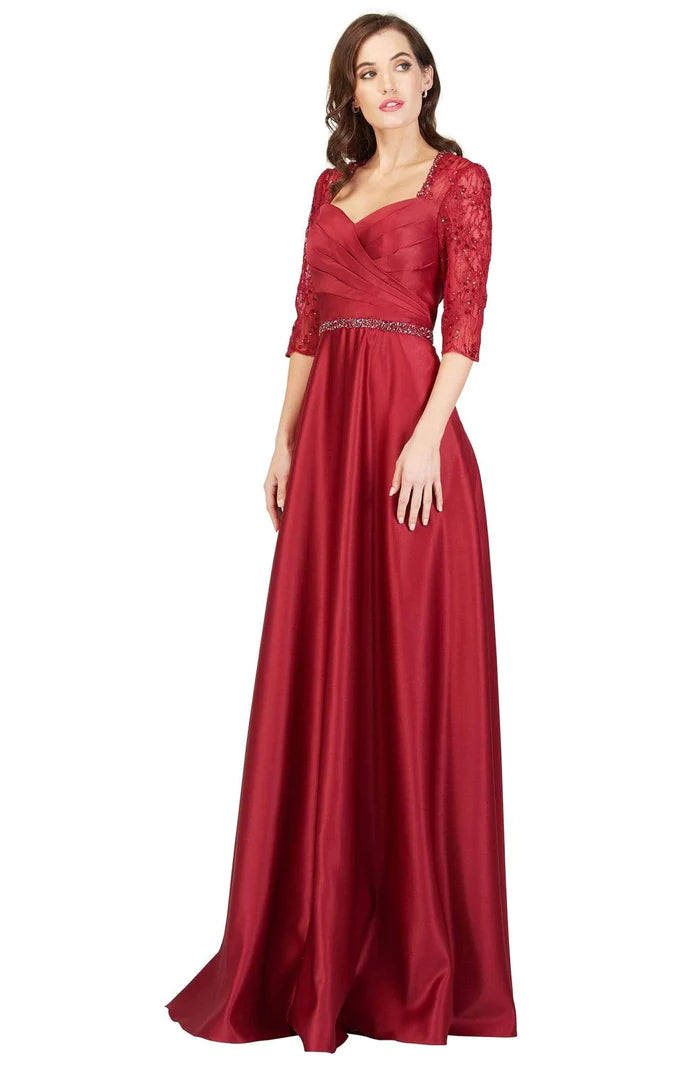 Cecilia Couture 1845 Burgundy Satin A-Line Dress with Lace Sleeves Lace Shift Dress