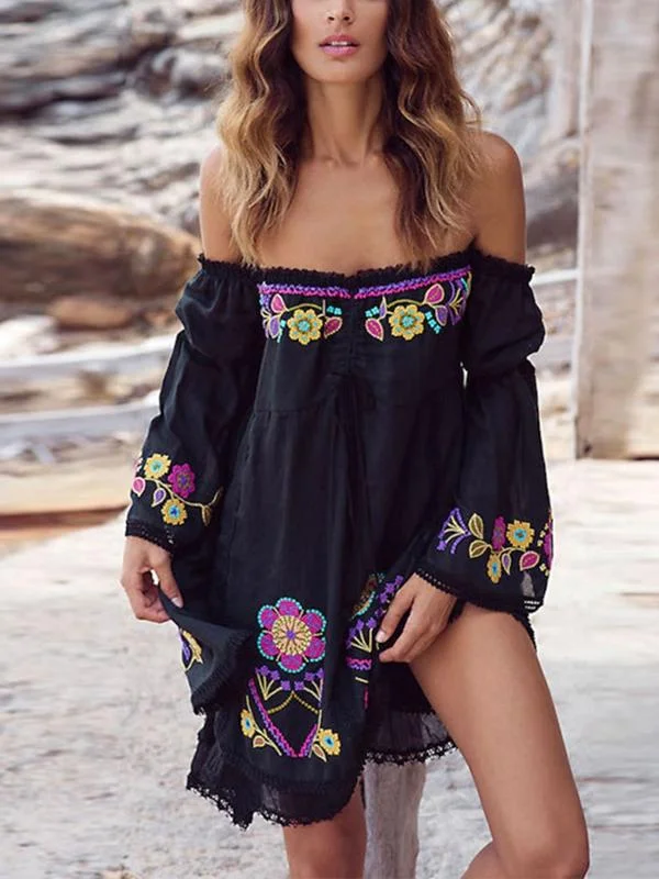 Embroidered Word Shoulder Lace Stitching Trumpet Sleeve Bohemian Holiday Dress Lace Dress Appeal