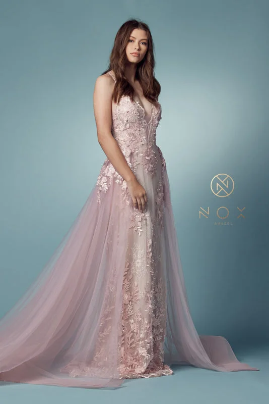 Enchante Your Allure: Nox Anabel F485 Beaded Lace Trumpet Gown Lace Skater Dress