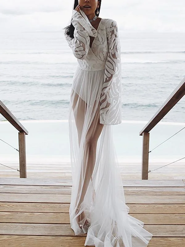 Lace Mesh Yarn Embroidery Solid Color Beach Long Dress Lace Dress Lookbook