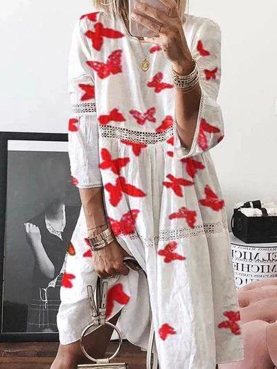 Lace Stitching 7-sleeve Printed Dress Lace Dress Perfect