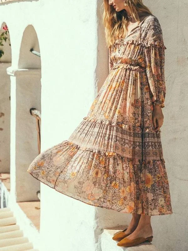 Lace-up Boho Print Long Dress Lace Gown Style