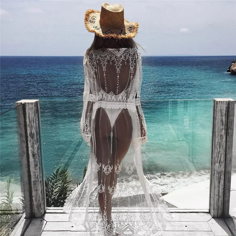 Pbong mid size graduation outfit romantic style teen swag clean girl ideas 90s latina aesthetic  women Sexy Beach Dress White Chiffon Lace Kimono Beach Bikini Cover Up Wrap Cardigan Beachwear Hollow Out Long Dress Sundress Lace Dress Vibe