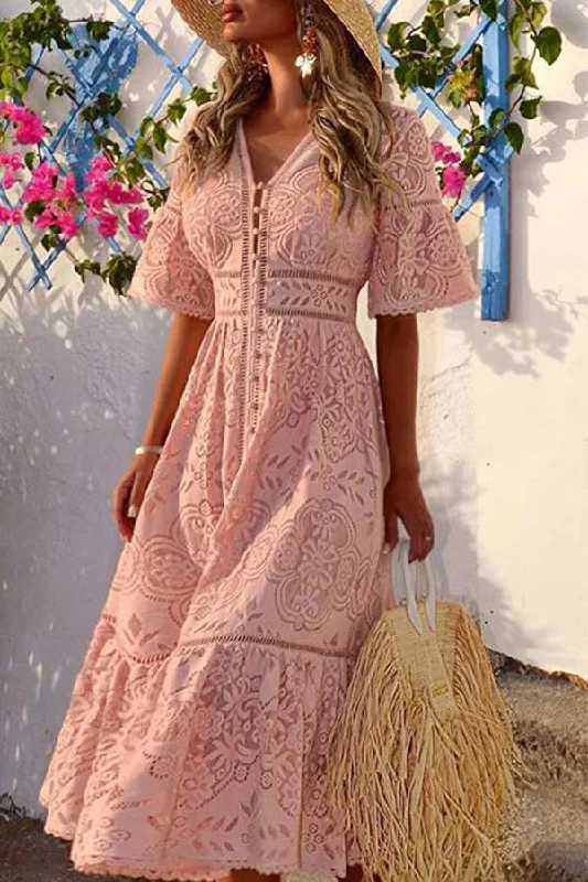 Ruffled V-neck Button Up Lace Dress Lace Dress Sparkly